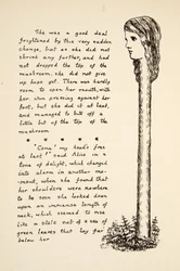 El cuello de Alicia se estira después de comer más champiñón, ilustración de Las aventuras de Alicia bajo tierra, publicado en 1886